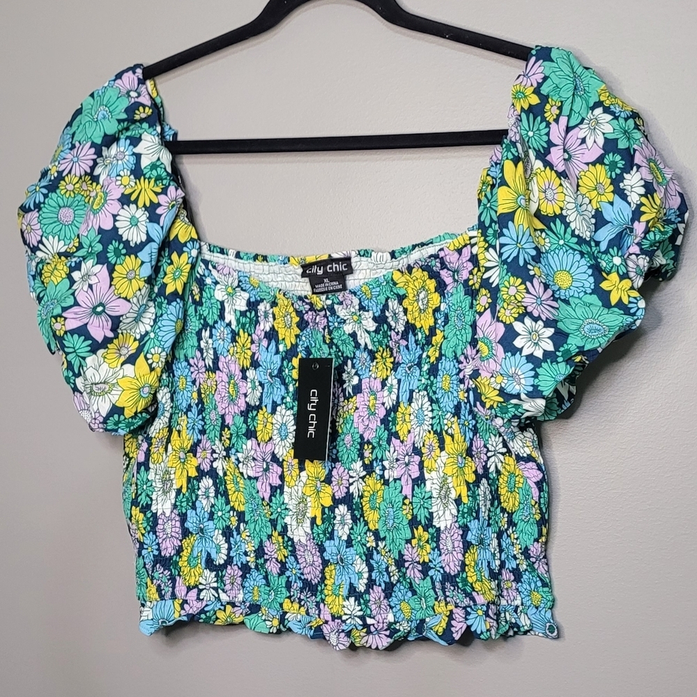 City Chic Floral Puff Sleeve Crop Top - Blue, Yellow, Pink NWT